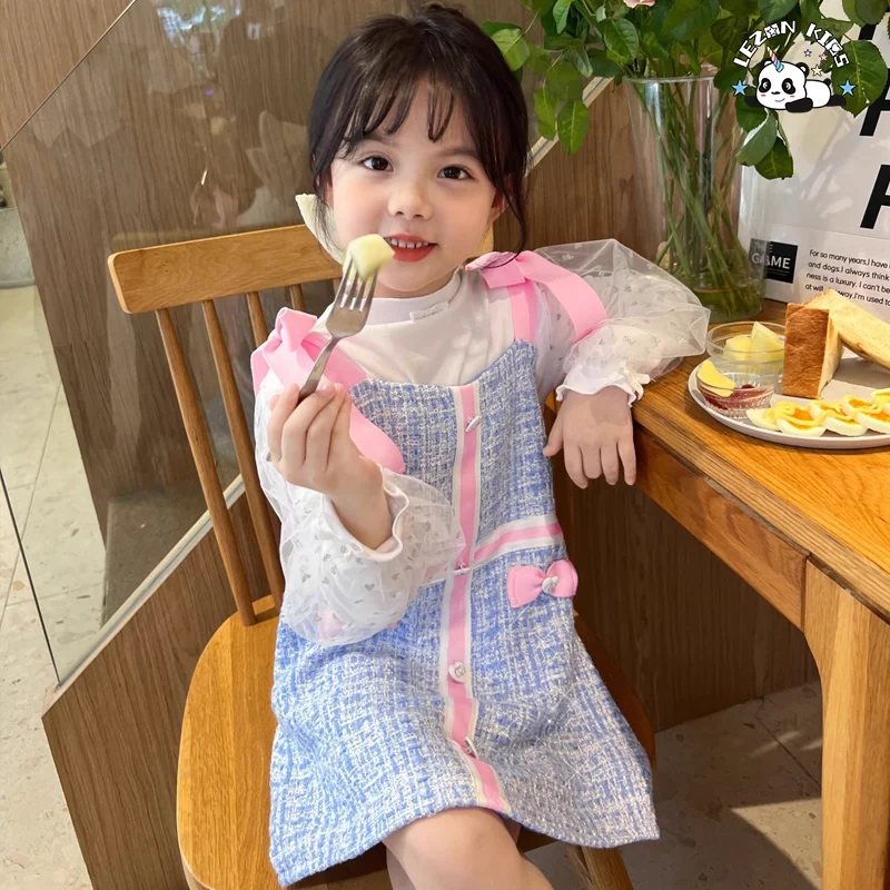 LEZONKIDS - Customized Autumn Girls Dress Little Fragrance Sundress Sweet Mesh Bow Princess 2-Pieces Set